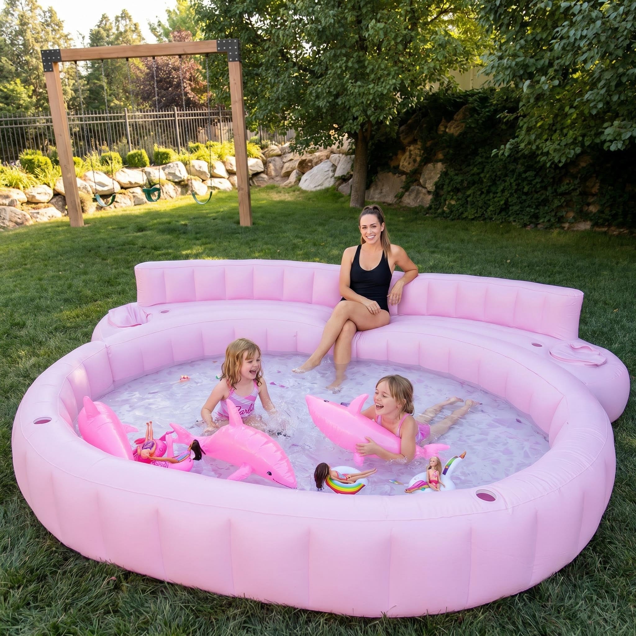 Premium Pink Inflatable Lounge Pool with Built-In Backrests & Drink Holders, Heavy Duty Stable 38.58lbs, Quick Setup, Smooth Safe Edges for Backyard, Patio & Summer Parties