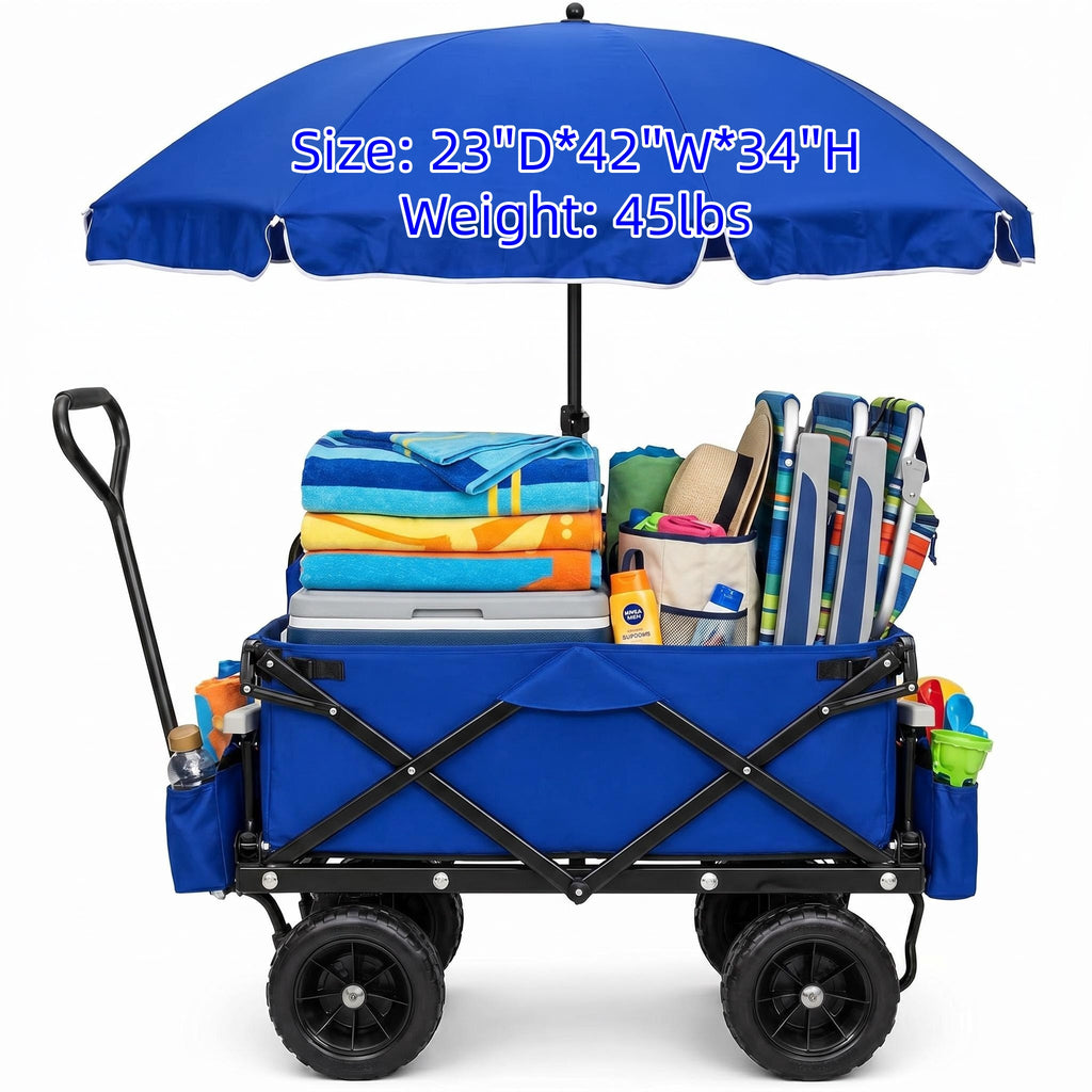 Extra Large Foldable Utility Wagon with Removable Umbrella, All-Terrain Non-Slip Wheels, Waterproof Fabric, Double Seat & Ample Storage Pockets for Beach, Camping & Shopping