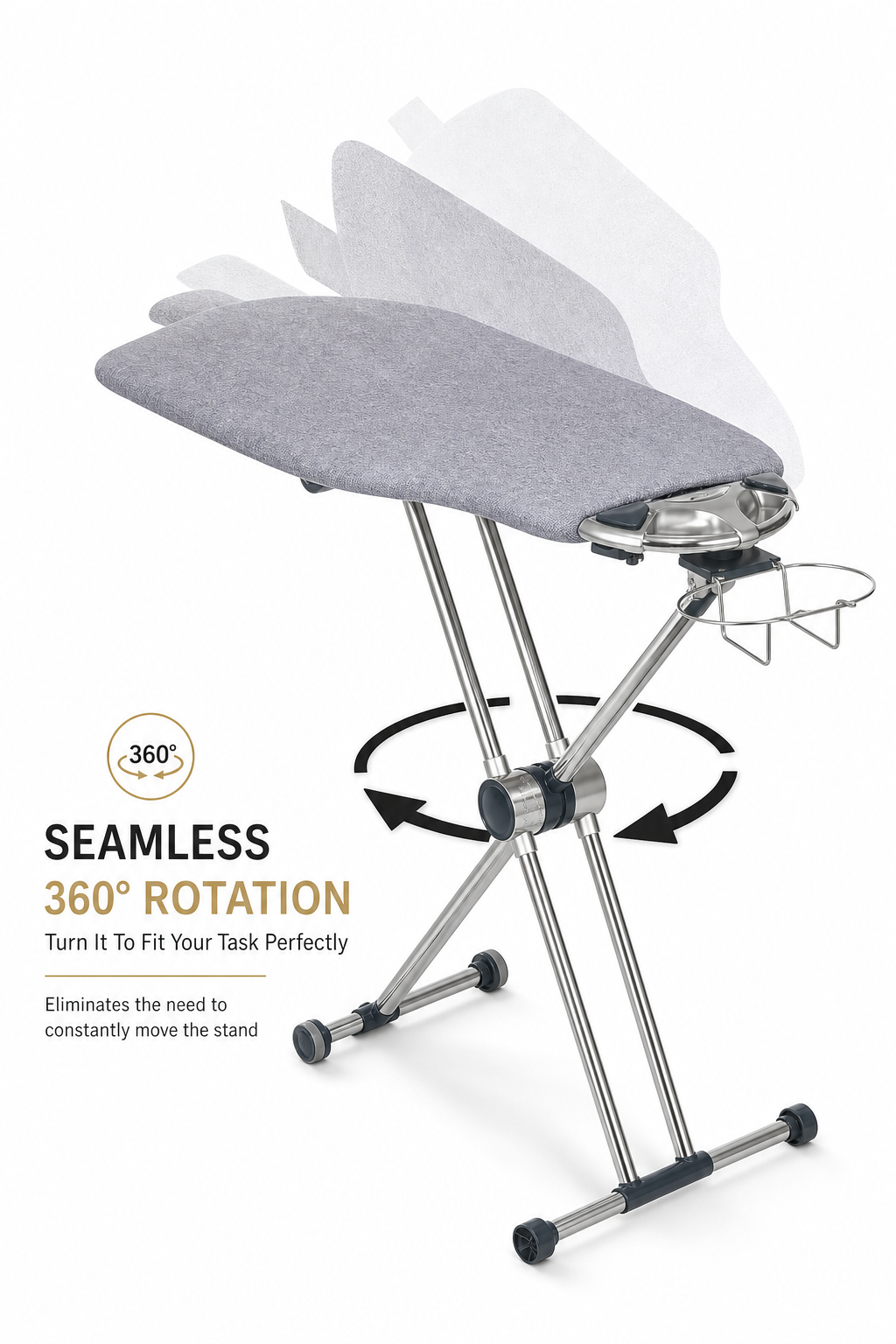360° Rotating Premium Ironing Board with 8-Level Height Adjustment, 3-Layer Heat-Resistant Removable Cover, Rotating Iron Holder & Patented No-Lever Mechanism for Home & Laundry Room