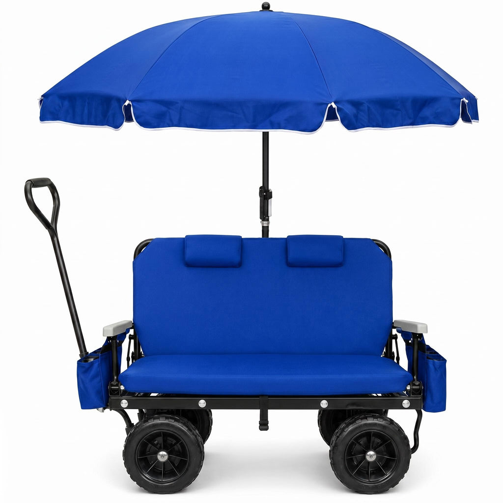 Extra Large Foldable Utility Wagon with Removable Umbrella, All-Terrain Non-Slip Wheels, Waterproof Fabric, Double Seat & Ample Storage Pockets for Beach, Camping & Shopping
