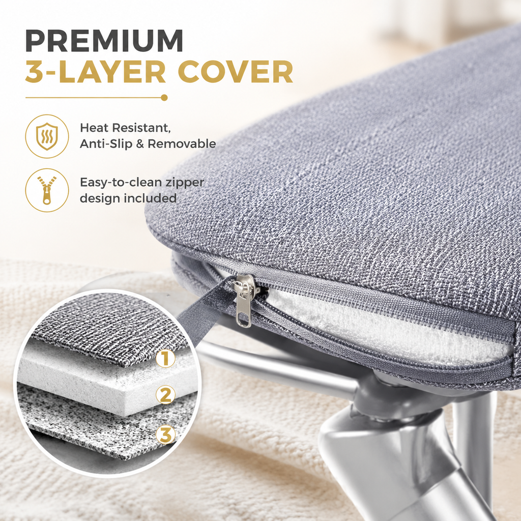 360° Rotating Premium Ironing Board with 8-Level Height Adjustment, 3-Layer Heat-Resistant Removable Cover, Rotating Iron Holder & Patented No-Lever Mechanism for Home & Laundry Room