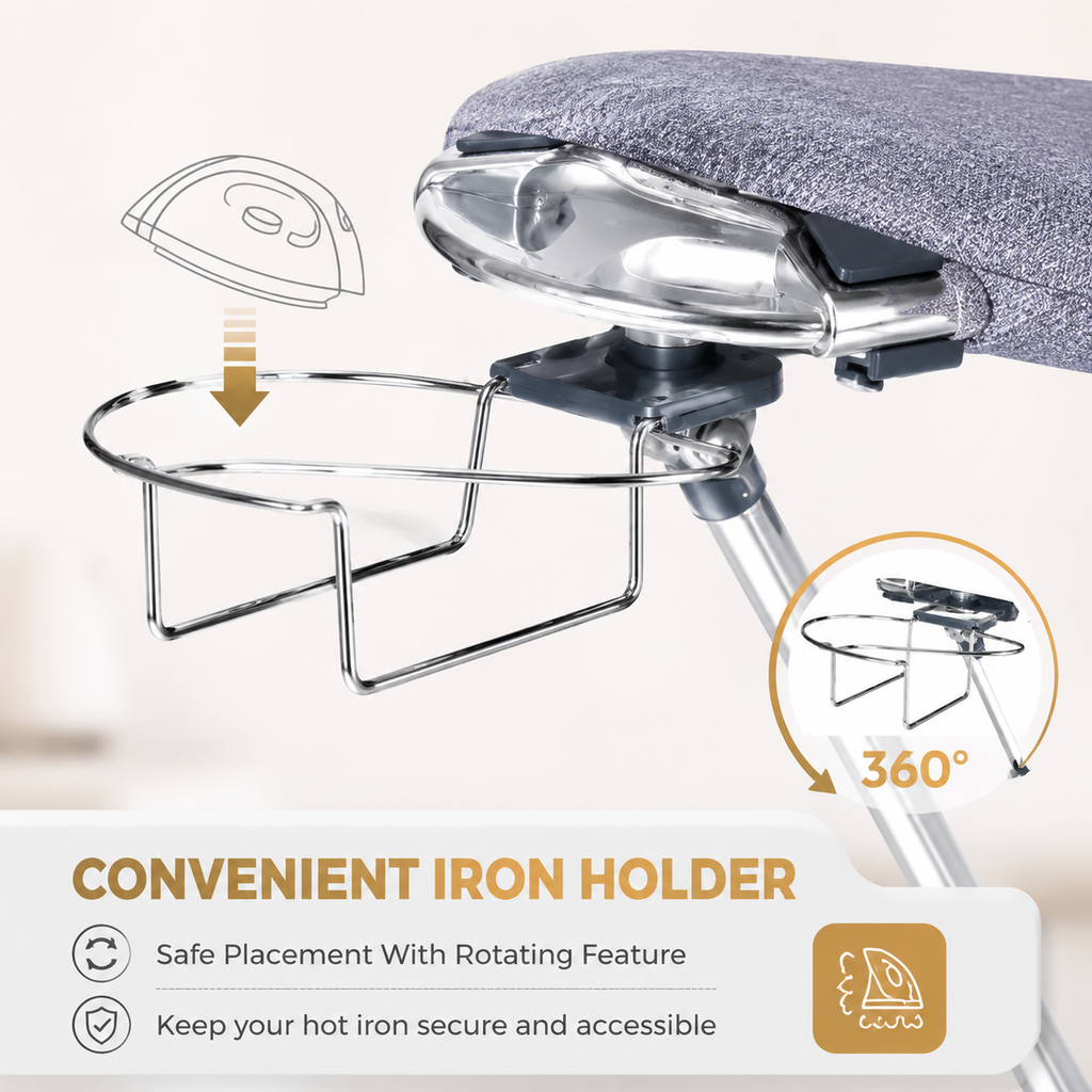 360° Rotating Premium Ironing Board with 8-Level Height Adjustment, 3-Layer Heat-Resistant Removable Cover, Rotating Iron Holder & Patented No-Lever Mechanism for Home & Laundry Room