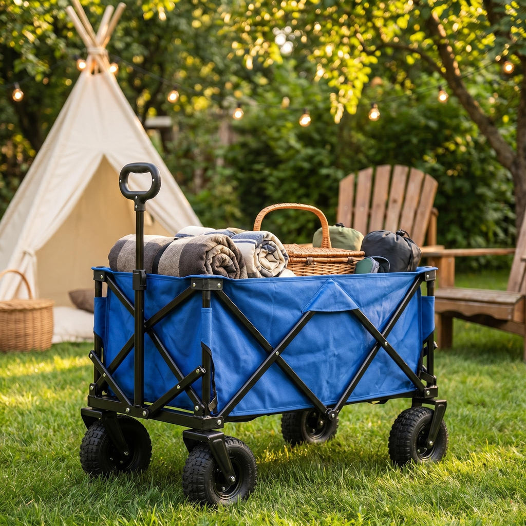 Extra Large Foldable Utility Wagon with Removable Umbrella, All-Terrain Non-Slip Wheels, Waterproof Fabric, Double Seat & Ample Storage Pockets for Beach, Camping & Shopping