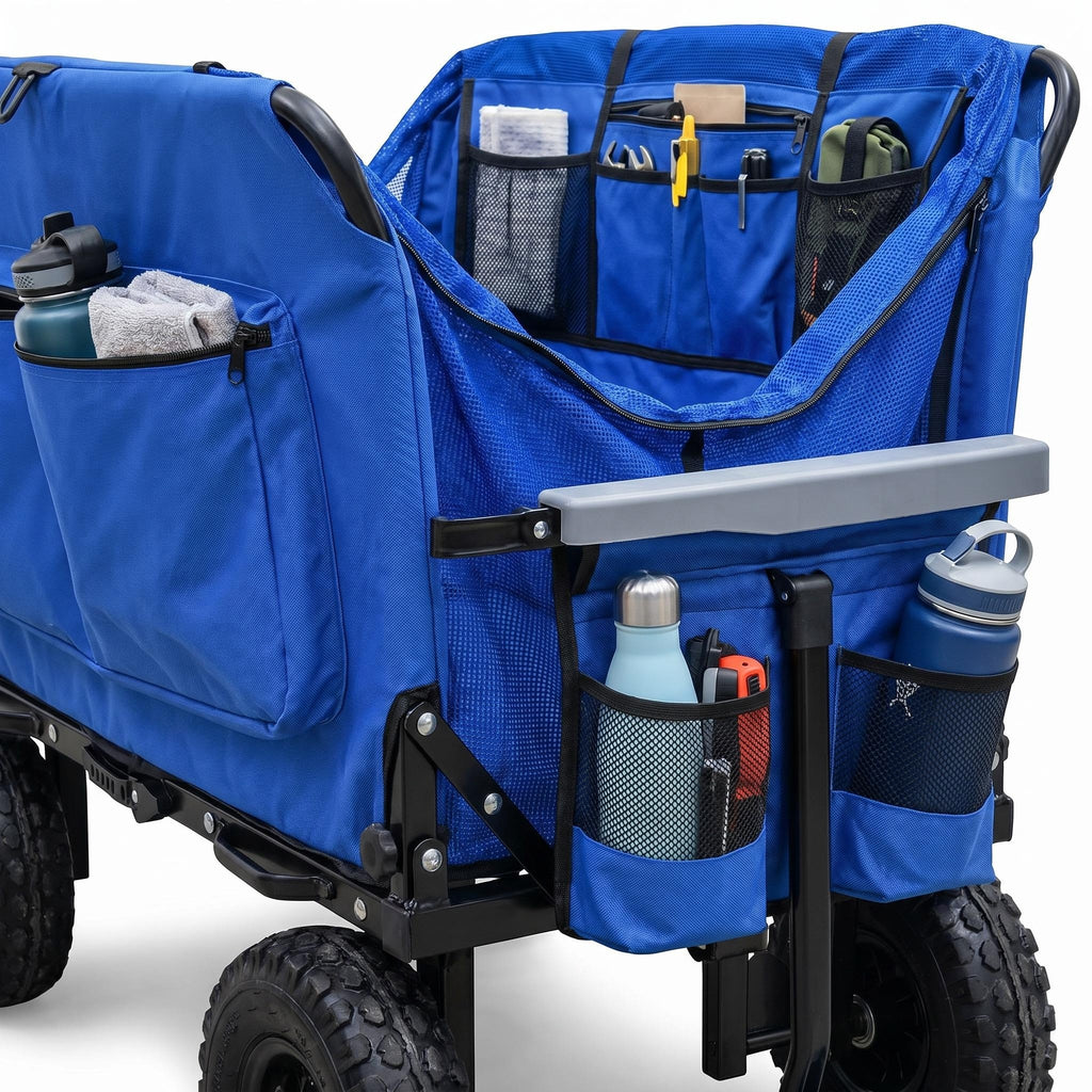Extra Large Foldable Utility Wagon with Removable Umbrella, All-Terrain Non-Slip Wheels, Waterproof Fabric, Double Seat & Ample Storage Pockets for Beach, Camping & Shopping